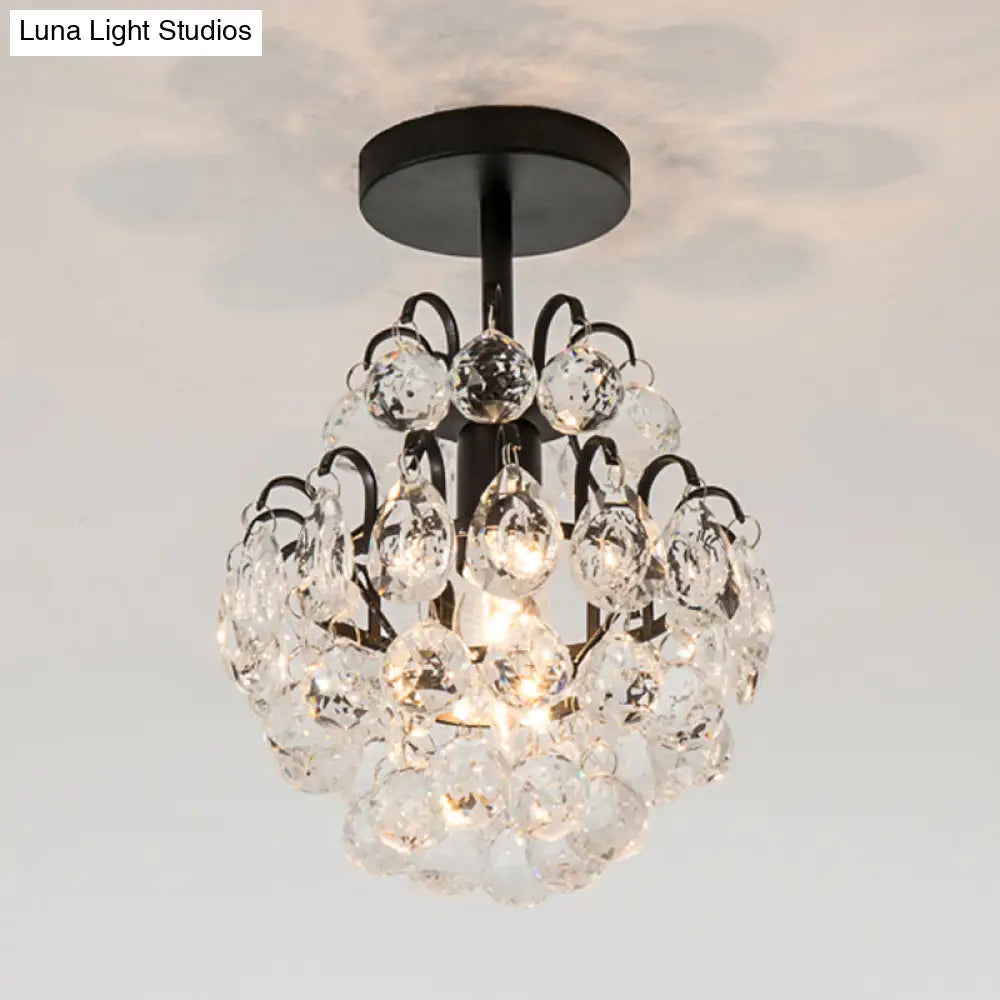 Semi Mount Crystal Droplet Close To Ceiling Light - Elegant 1-Bulb Tapered Design In Black