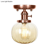 Semi Mount Industrial Ceiling Light In Copper - Clear/Amber Glass Globe Round Design 1 Bulb Perfect