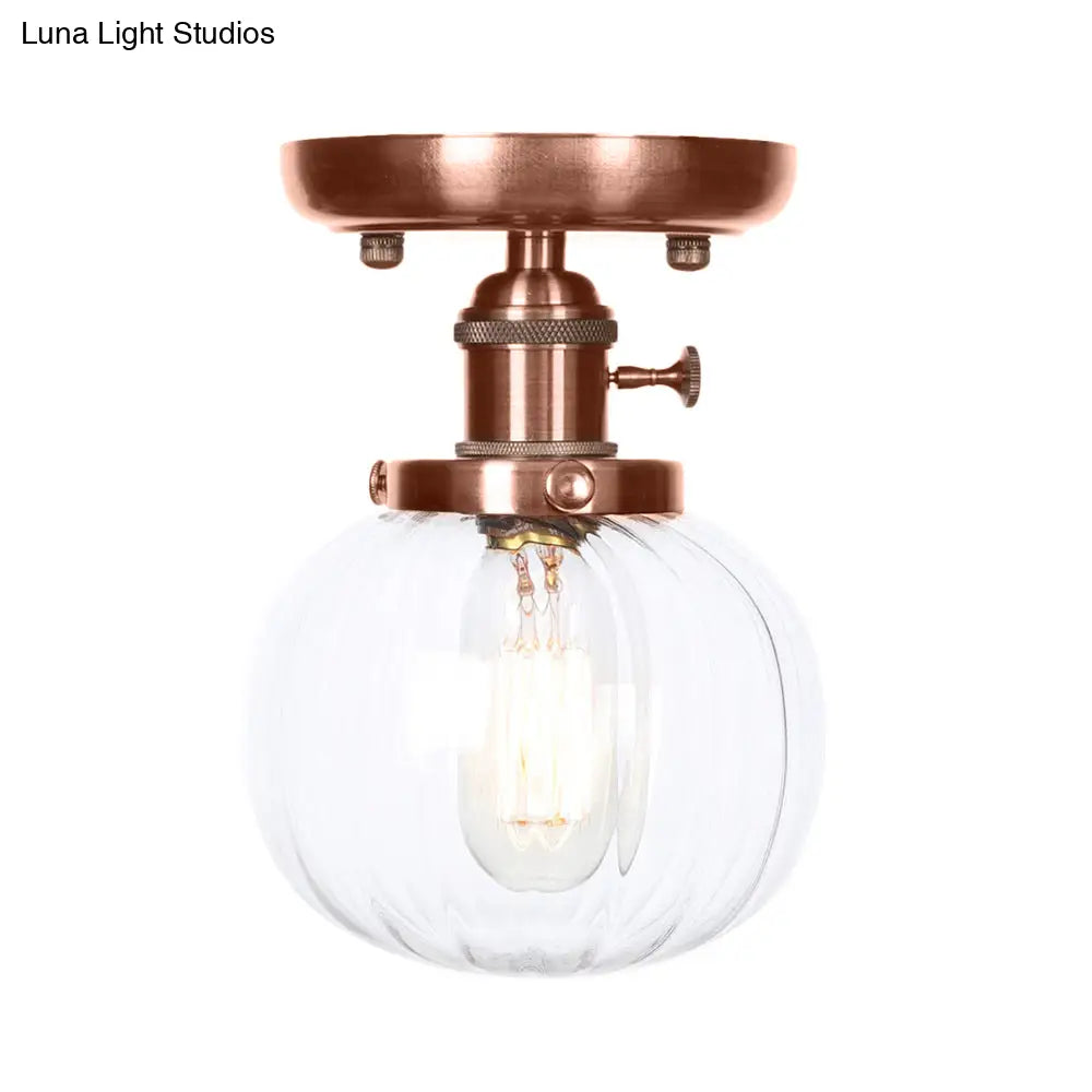 Semi Mount Industrial Ceiling Light In Copper - Clear/Amber Glass Globe Round Design 1 Bulb Perfect