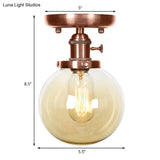 Semi Mount Industrial Ceiling Light In Copper - Clear/Amber Glass Globe Round Design 1 Bulb Perfect
