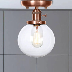 Semi Mount Industrial Ceiling Light In Copper - Clear/Amber Glass Globe Round Design 1 Bulb Perfect