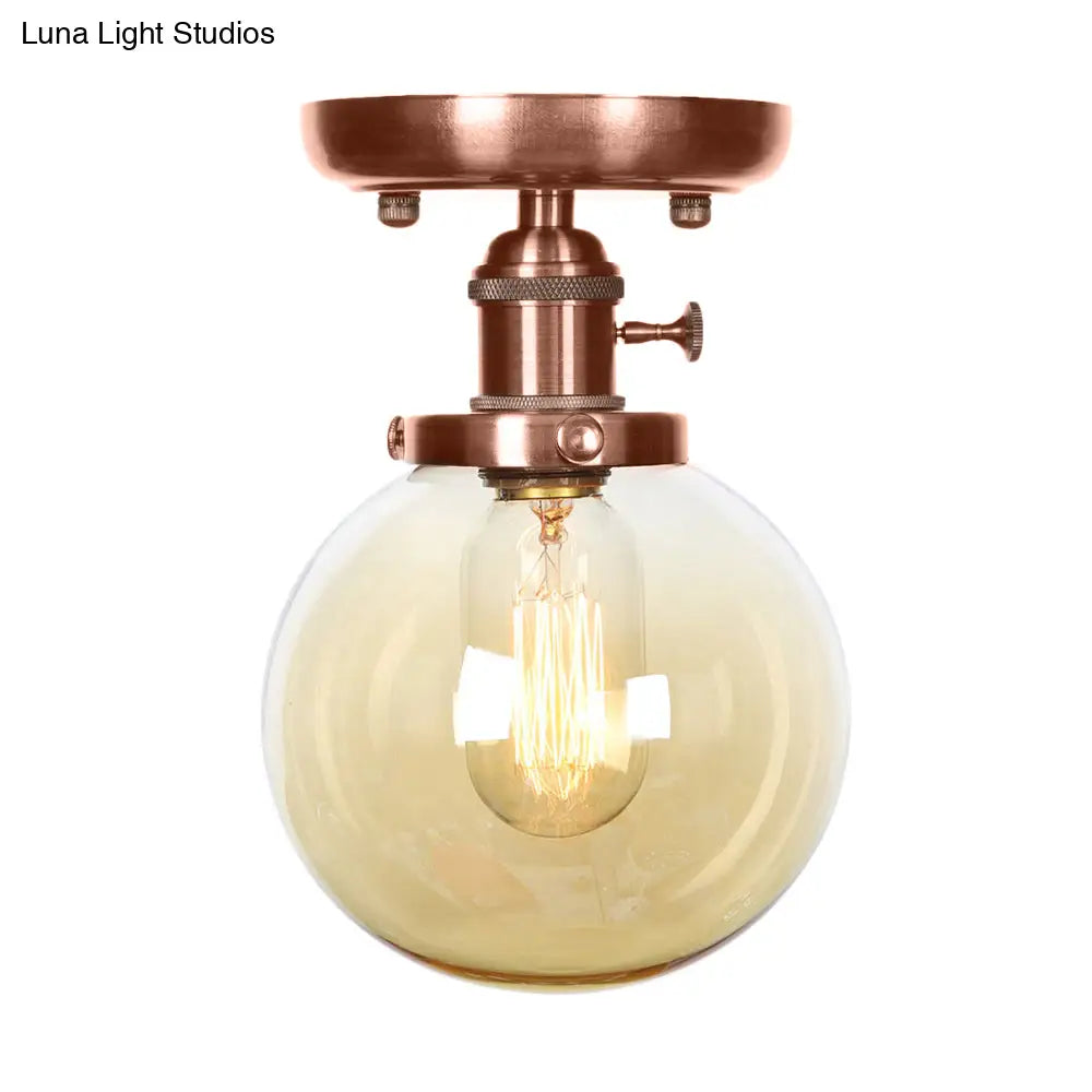 Semi Mount Industrial Ceiling Light In Copper - Clear/Amber Glass Globe Round Design 1 Bulb Perfect