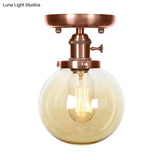Semi Mount Industrial Ceiling Light In Copper - Clear/Amber Glass Globe Round Design 1 Bulb Perfect
