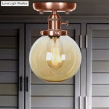 Semi Mount Industrial Ceiling Light In Copper - Clear/Amber Glass Globe Round Design 1 Bulb Perfect