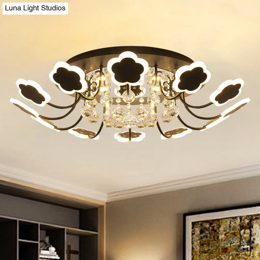 Semi - Mount Petal - Shaped Acrylic Led Ceiling Lamp With Crystal Draping - Black/White 23’/27’