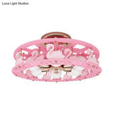 Semi Mount Pink Flush Light Fixture - Metal Drum Design With Bird/Angel Decoration Ideal For Kids