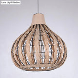 Shaded Onion Ceiling Light - Asian Style Rattan Restaurant Hanging Fixture