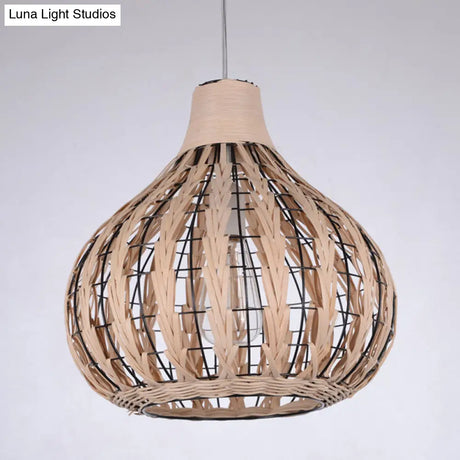 Shaded Onion Ceiling Light - Asian Style Rattan Restaurant Hanging Fixture