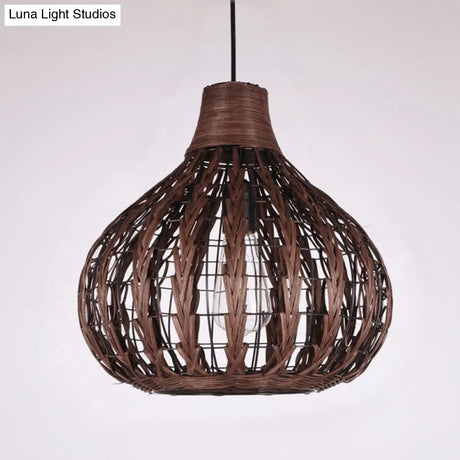 Shaded Onion Ceiling Light - Asian Style Rattan Restaurant Hanging Fixture