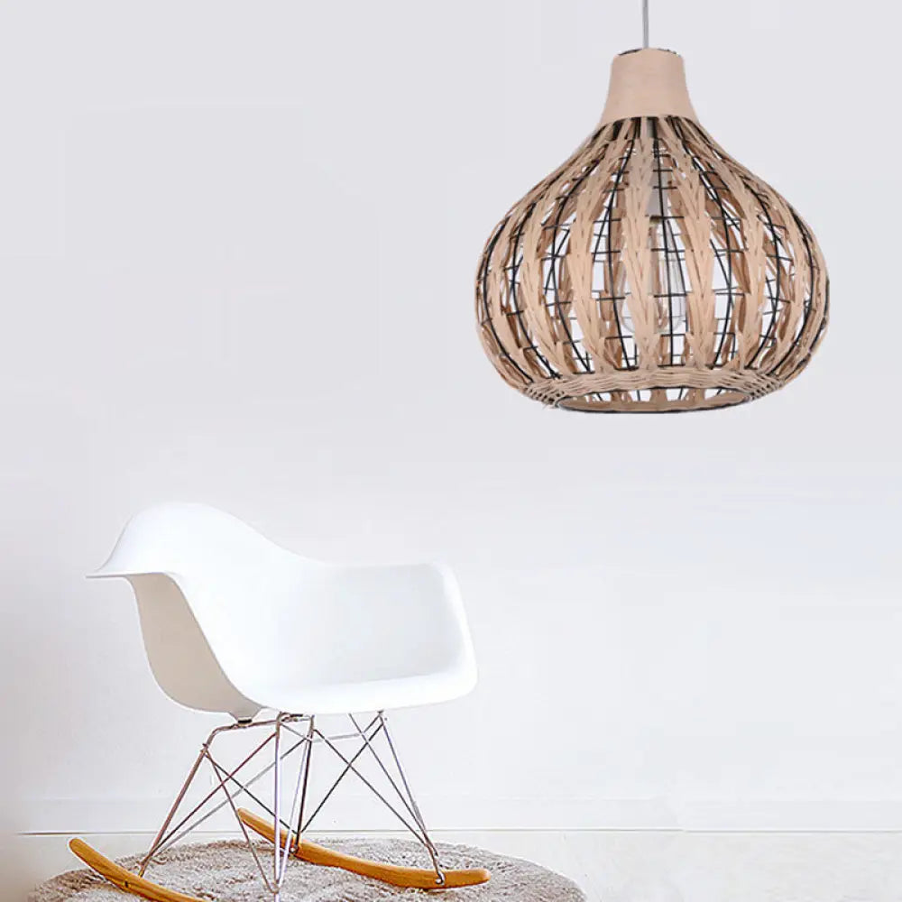 Shaded Onion Ceiling Light - Asian Style Rattan Restaurant Hanging Fixture Wood