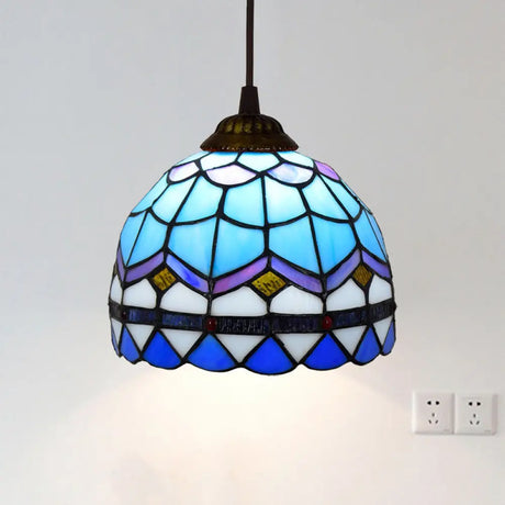 Shaded Tiffany Glass Pendant Light - Elegant 1-Bulb Suspension Fixture For Corridor Sky Blue