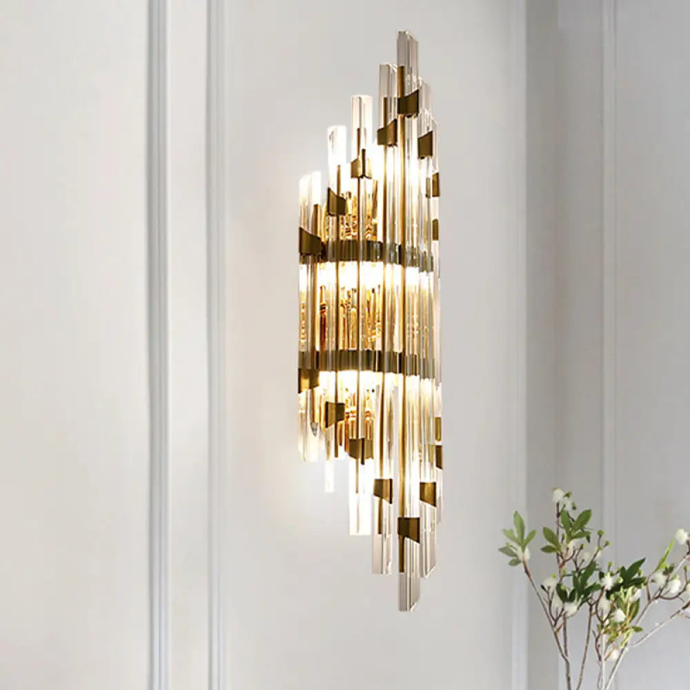Shield Crystal Rod Wall Sconce - Gold 3-Light Fixture For Living Room