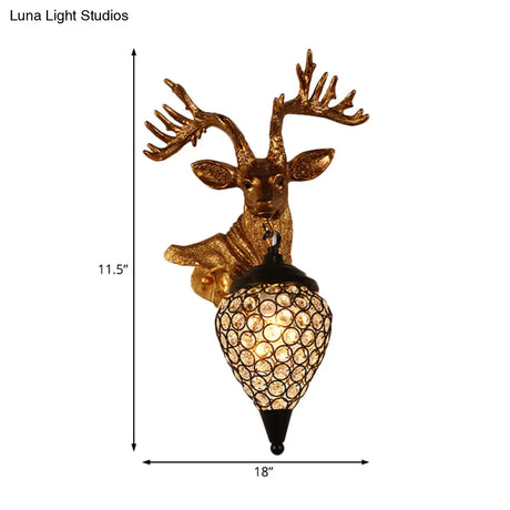 Sika Deer Head Wall Sconce: Countryside Gold Resin Lamp With Crystal Shade
