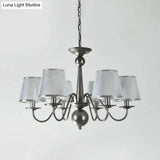 Silver/Blue/White Metal Hanging Light With Curving Arm - Rustic Pendant Chandelier (6 Lights) And