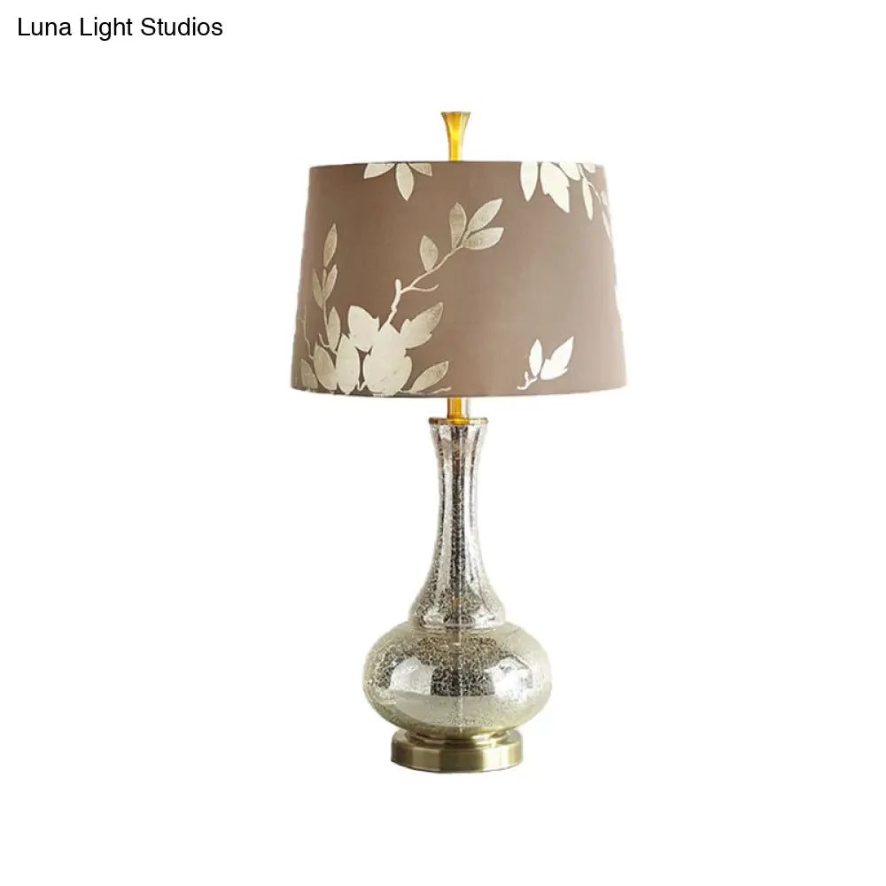 Silver Glass Night Table Lamp With Print Fabric Shade - Elegant Lighting For Living Room Ambiance