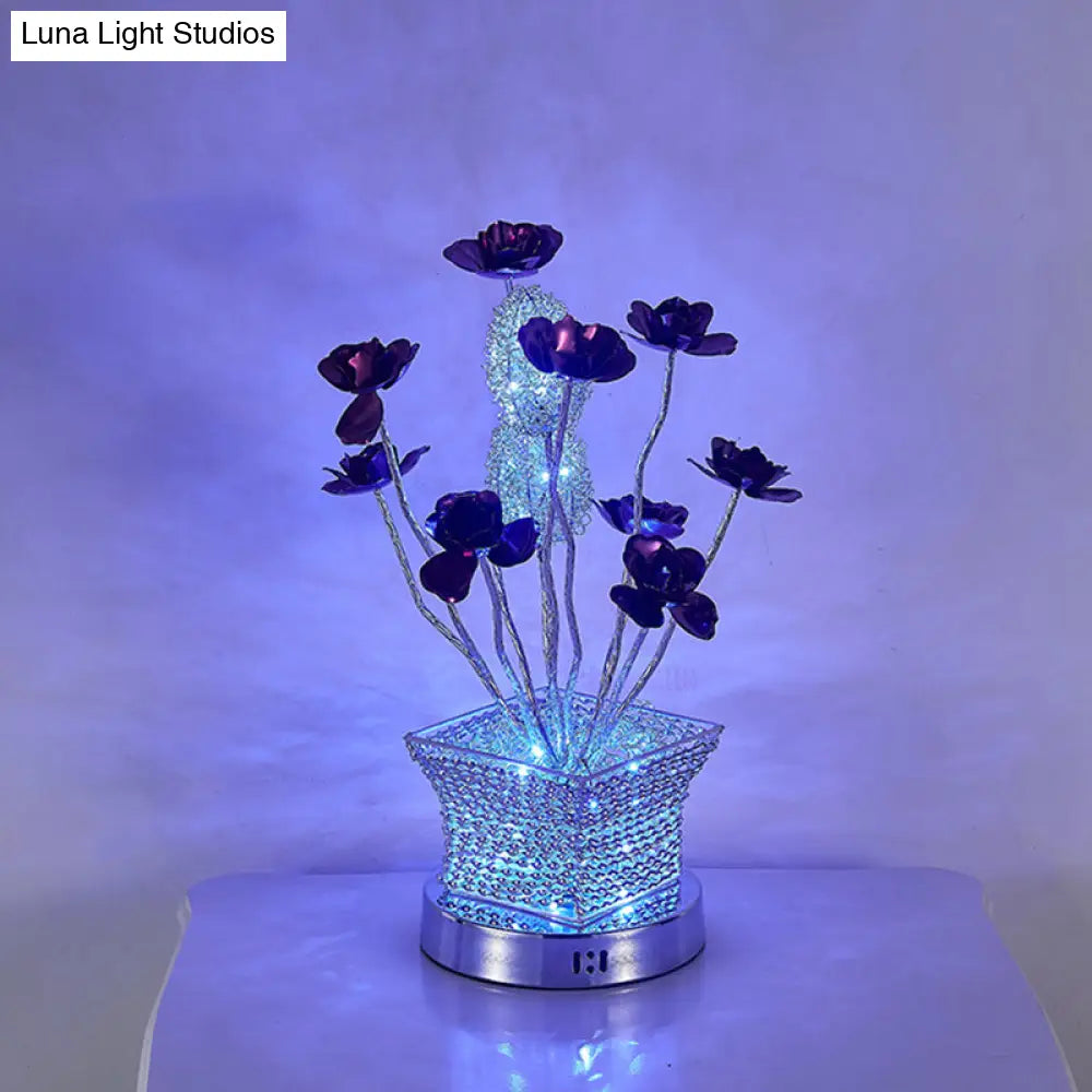 Silver Led Desk Lamp With Rose Art Decor - Aluminum Cubical Table For Bedside