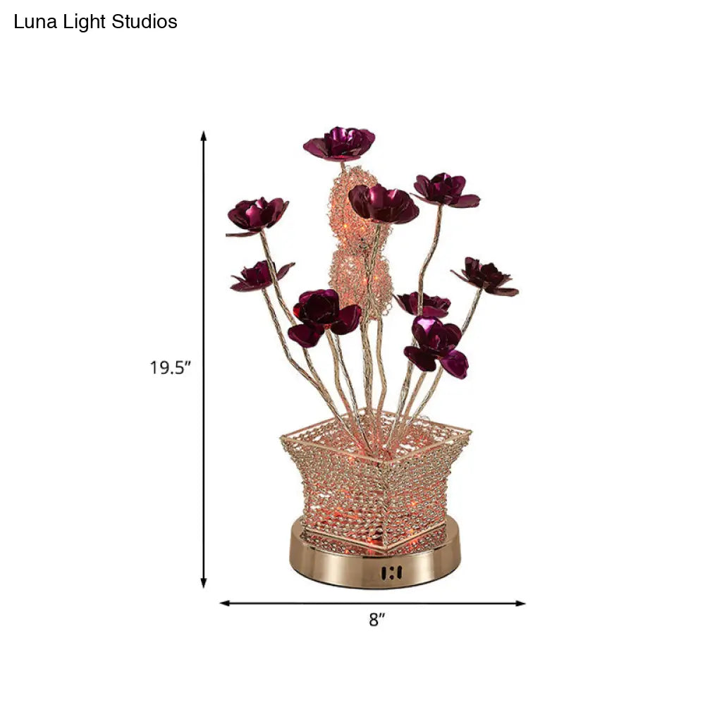 Silver Led Desk Lamp With Rose Art Decor - Aluminum Cubical Table For Bedside