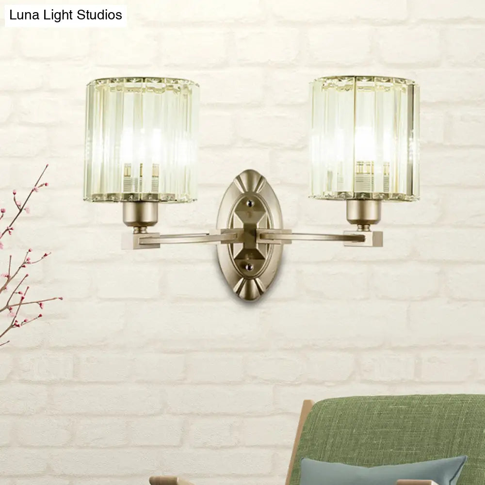 Silver Modern Cylinder Crystal Wall Light Fixture For Living Room - 1/2 Lights Sconce