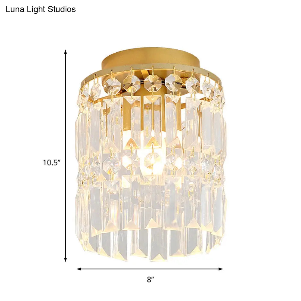 Simple Black/Gold Cylinder Crystal Ceiling Flush Mount - 1-Light Corridor Mini Lamp
