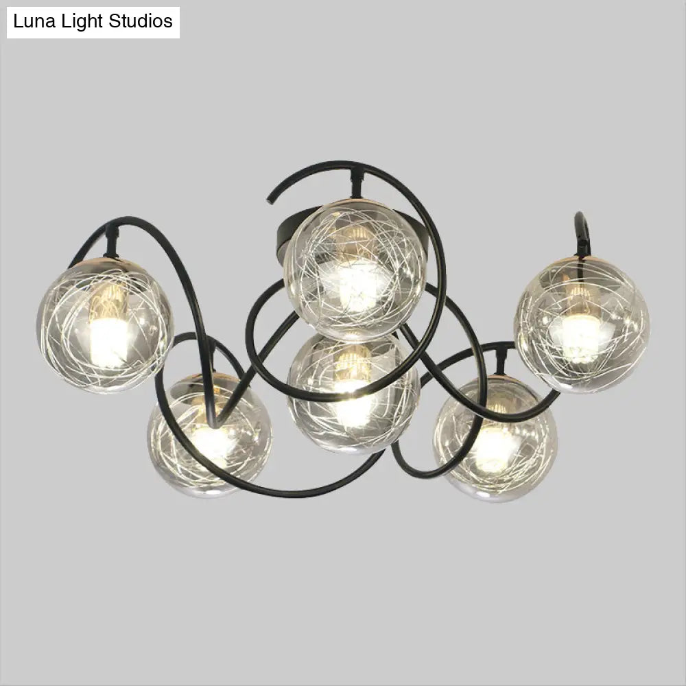 Simple Black Semi Flush Mount Ceiling Lamp With 6 Bulbs And Global Clear/Smoke Gray Glass Shade