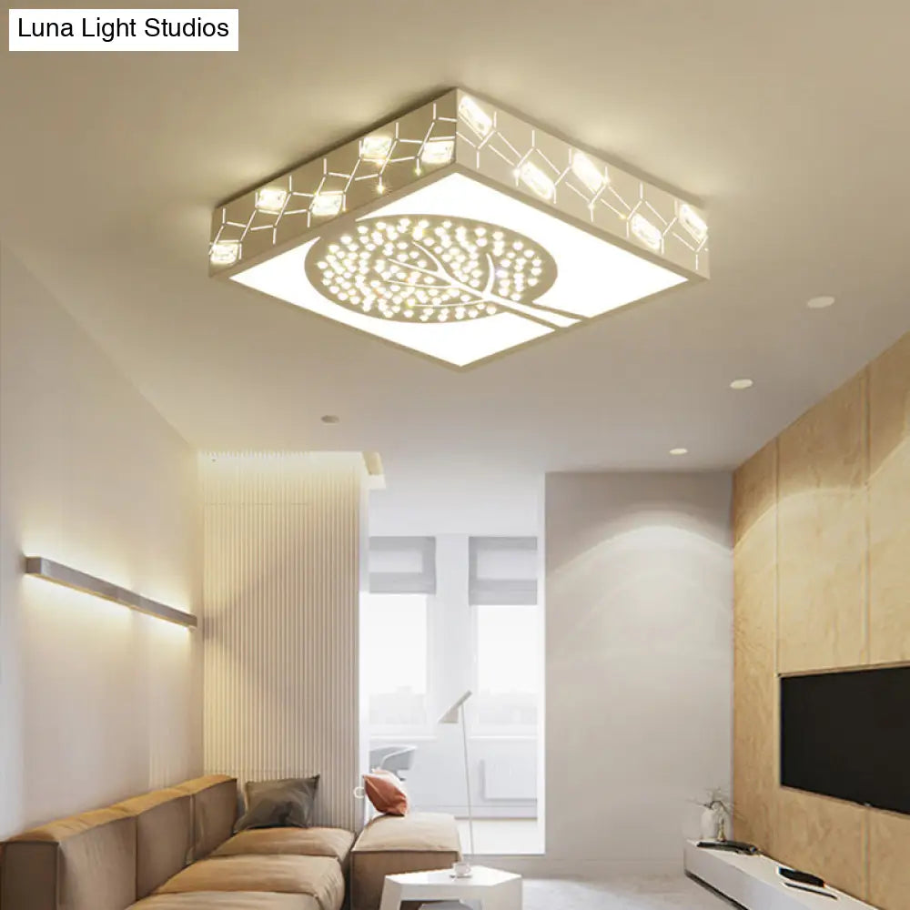 Simple Crystal Led Flush Mount Fixture - White Tree Design With Warm/White/3 Color Lighting For