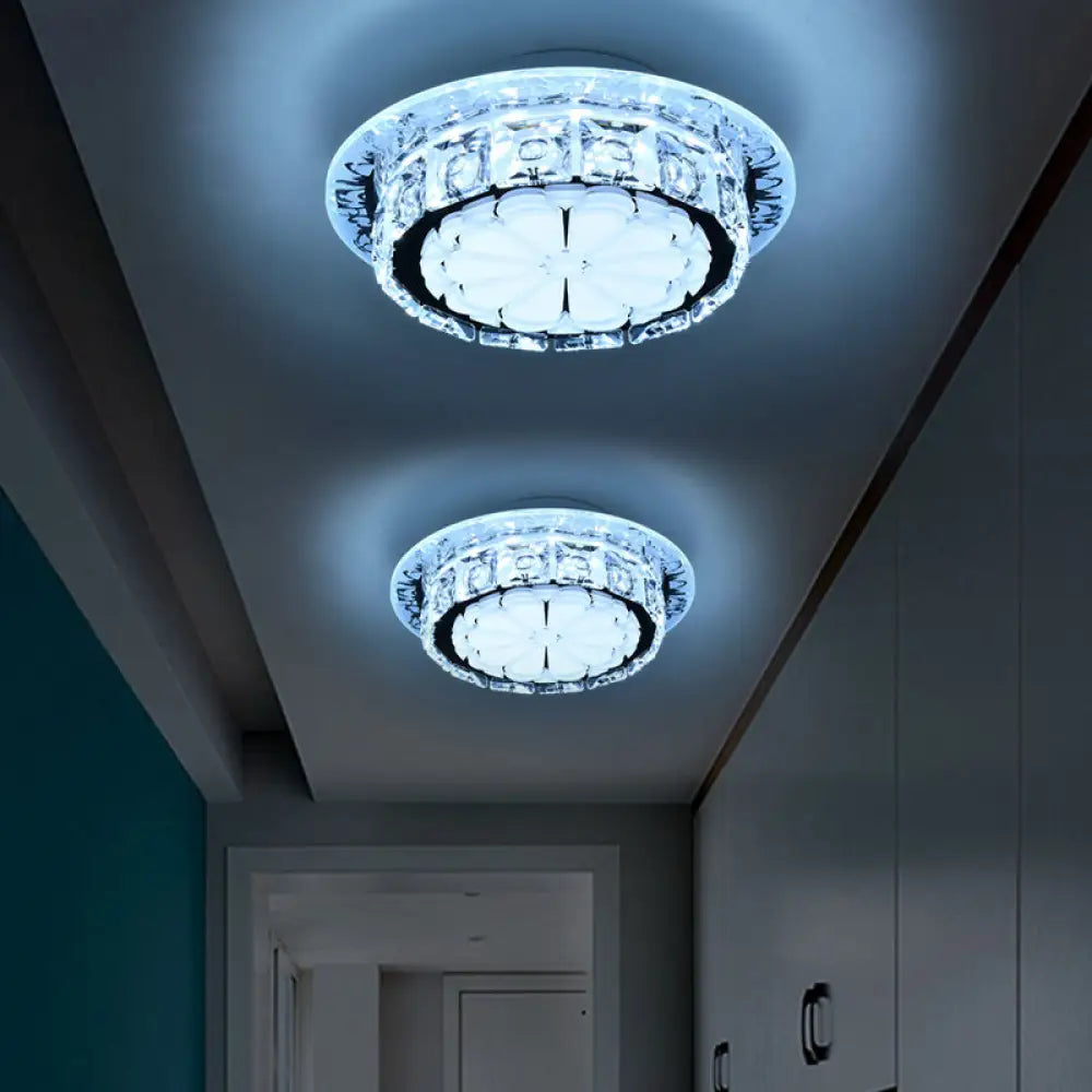 Simple Drum Clear Crystal Flush Mount Lighting With 5 Lights – White Acrylic Shade For Corridor
