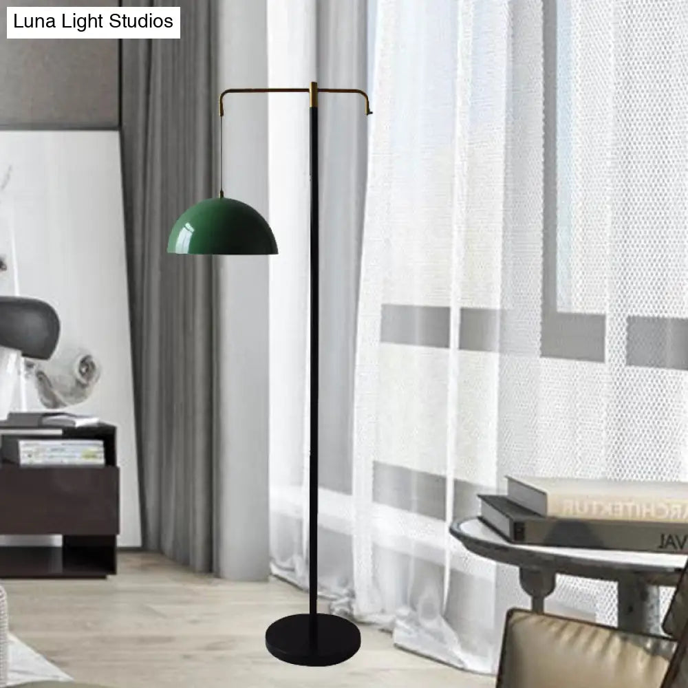 Simple Green/Brass Dome Floor Reading Lamp For Study Room - Metallic Stand Up Light