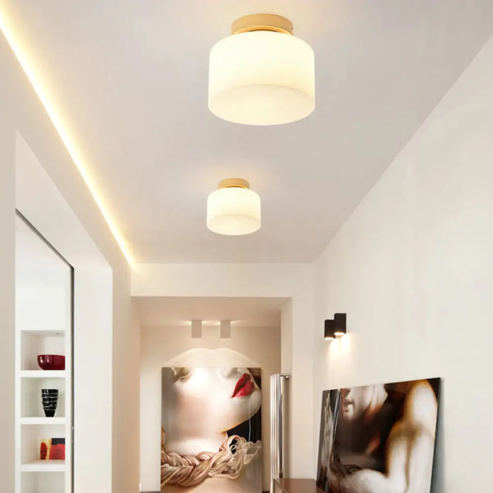 Simple Opal Glass Square/Cylinder Flush Mount Light Ceiling Fixture In White / Cylinder