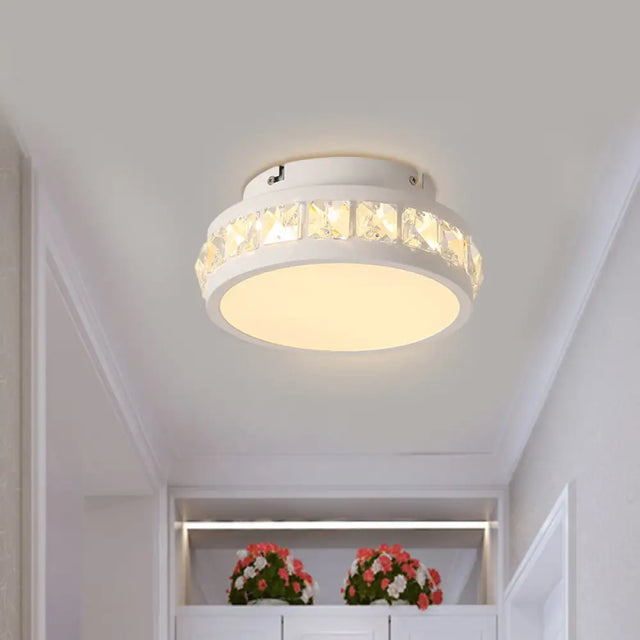 Simple Round Corridor Ceiling Lamp With Beveled Crystal Led Flush Mount Light White
