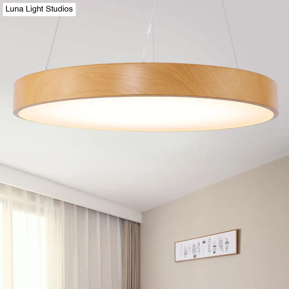 Simple Round Led Pendant Lamp In Metal And Light Wood Chandelier Ideal For Meeting Rooms