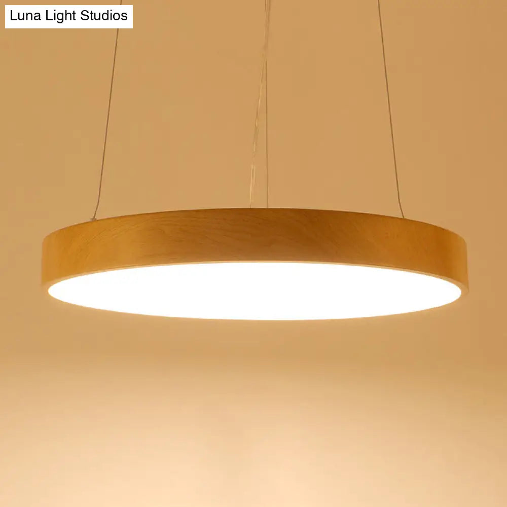 Simple Round Led Pendant Lamp In Metal And Light Wood Chandelier Ideal For Meeting Rooms