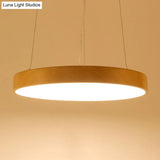 Simple Round Led Pendant Lamp In Metal And Light Wood Chandelier Ideal For Meeting Rooms