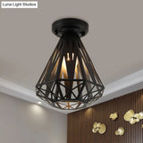 Simple Small Diamond Cage 1-Light Flush Mount Iron Ceiling Light In Black/White