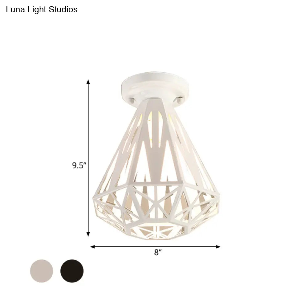 Simple Small Diamond Cage 1-Light Flush Mount Iron Ceiling Light In Black/White
