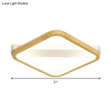 Simple Style Beige Led Ceiling Lamp For Bedroom - Wood Square Flush Light Fixture 13/17/21 Wide