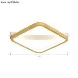 Simple Style Beige Led Ceiling Lamp For Bedroom - Wood Square Flush Light Fixture 13’/17’/21’ Wide