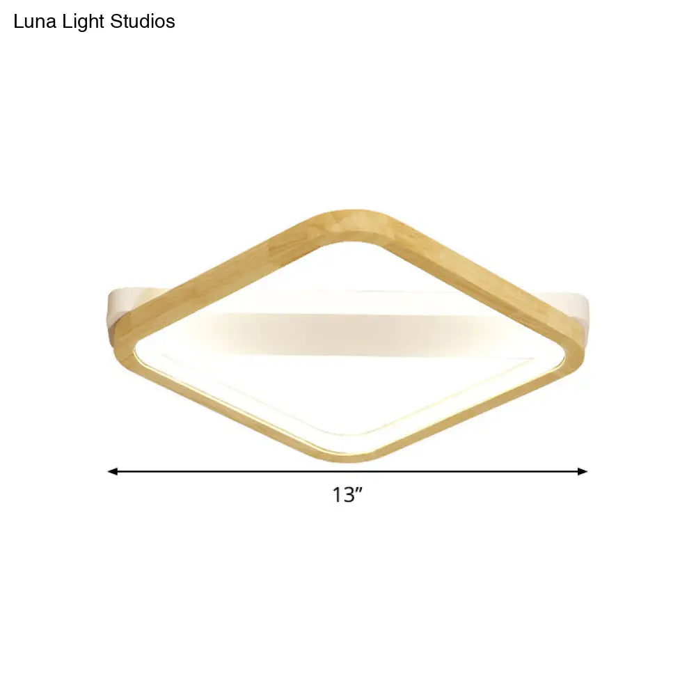 Simple Style Beige Led Ceiling Lamp For Bedroom - Wood Square Flush Light Fixture 13’/17’/21’ Wide