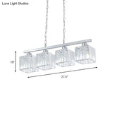 Simple Style Crystal Block Hanging Lamp Kit - 4-Light Chrome Island Fixture