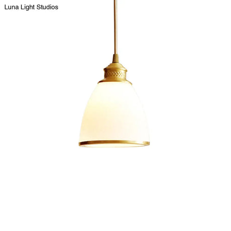 Simple Style Opal Glass Brass Pendant Lamp Bell Shade Hanging Light For Dining Room