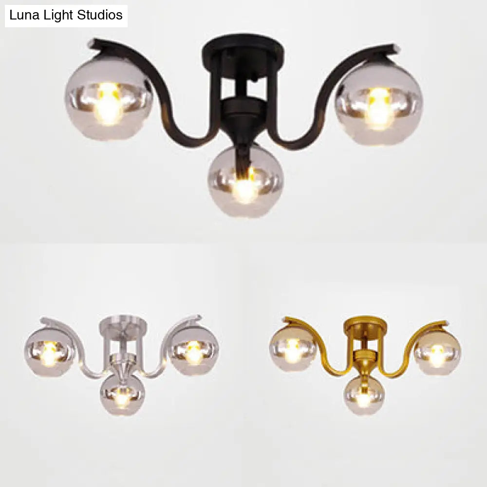 Simple Style Study Room Ceiling Light - Globe Shade Clear Glass 3 Lights Semi Mount