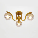 Simple Style Study Room Ceiling Light - Globe Shade Clear Glass 3 Lights Semi Mount Gold