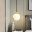 Simple White Frosted Glass Pendant Light With Brass Ring - Global Suspended Lamp For Bedside Or