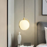 Simple White Frosted Glass Pendant Light With Brass Ring - Global Suspended Lamp For Bedside Or