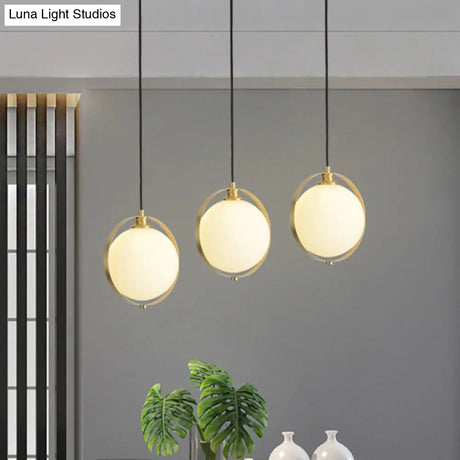 Simple White Frosted Glass Pendant Light With Brass Ring - Global Suspended Lamp For Bedside Or