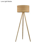 Simple Wooden Led Floor Lamp With Cylinder Shade Ideal For Bedroom - Beige