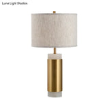 Simplicity 1-Head Fabric Drum Night Table Lamp - Flaxen Metal Nightstand Lighting For Bedroom