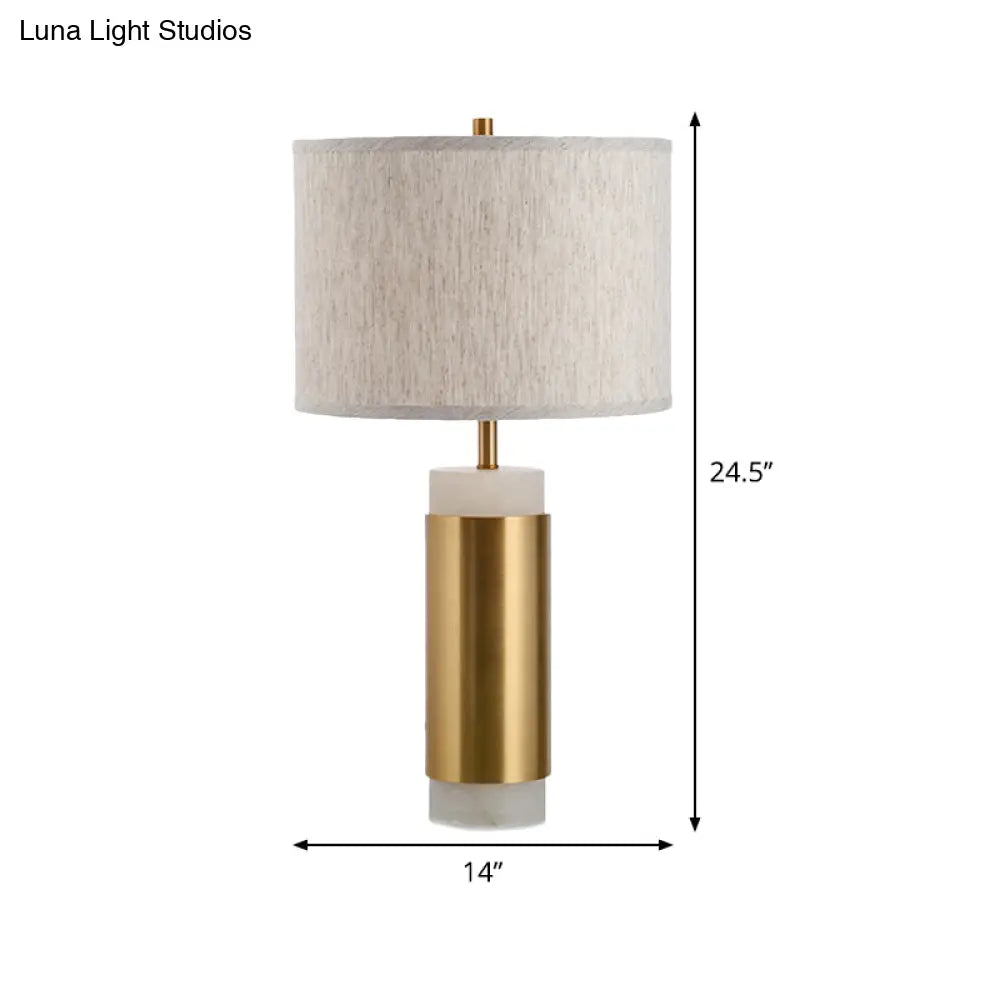 Simplicity 1-Head Fabric Drum Night Table Lamp - Flaxen Metal Nightstand Lighting For Bedroom