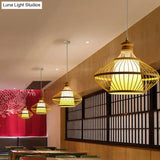 Simplicity 1-Light Bamboo Wood Pendant Light Fixture For Bedroom - Symmetrical Suspension