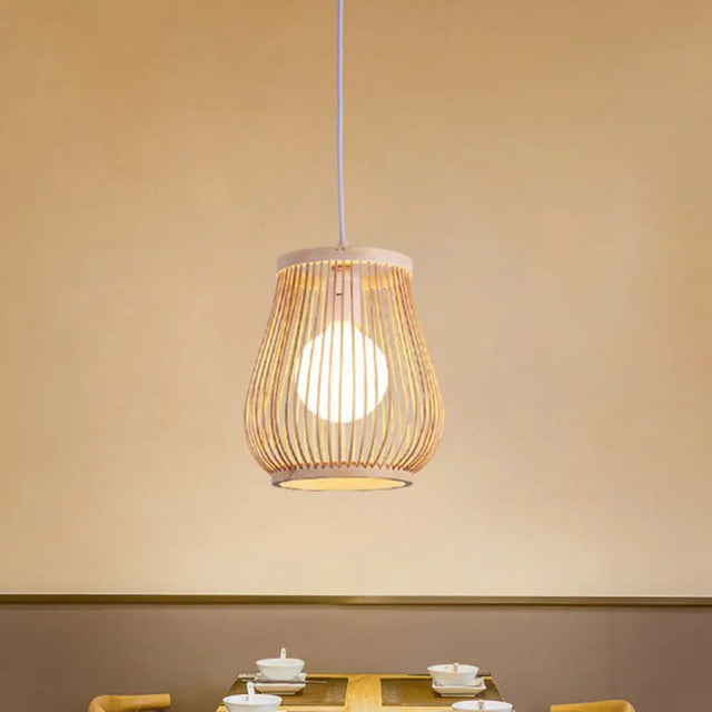 Simplicity 1-Light Bamboo Wood Pendant Light Fixture For Bedroom - Symmetrical Suspension / H