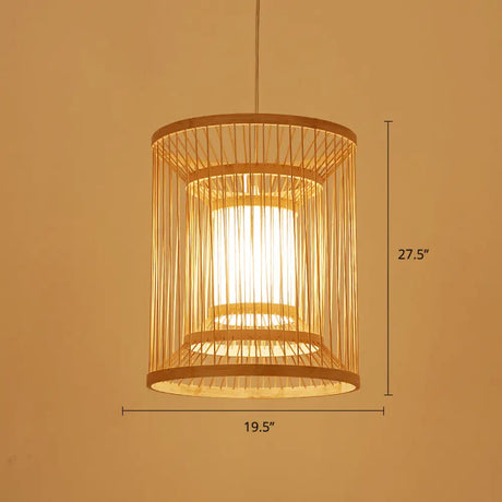 Simplicity Bamboo Tea Room Pendant Light: Cylindrical Suspension 1-Light Wood Fixture / 19.5